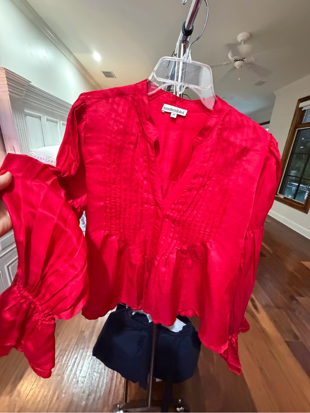 Red Pintuck V-Neck Blouse with Tie Cuffs